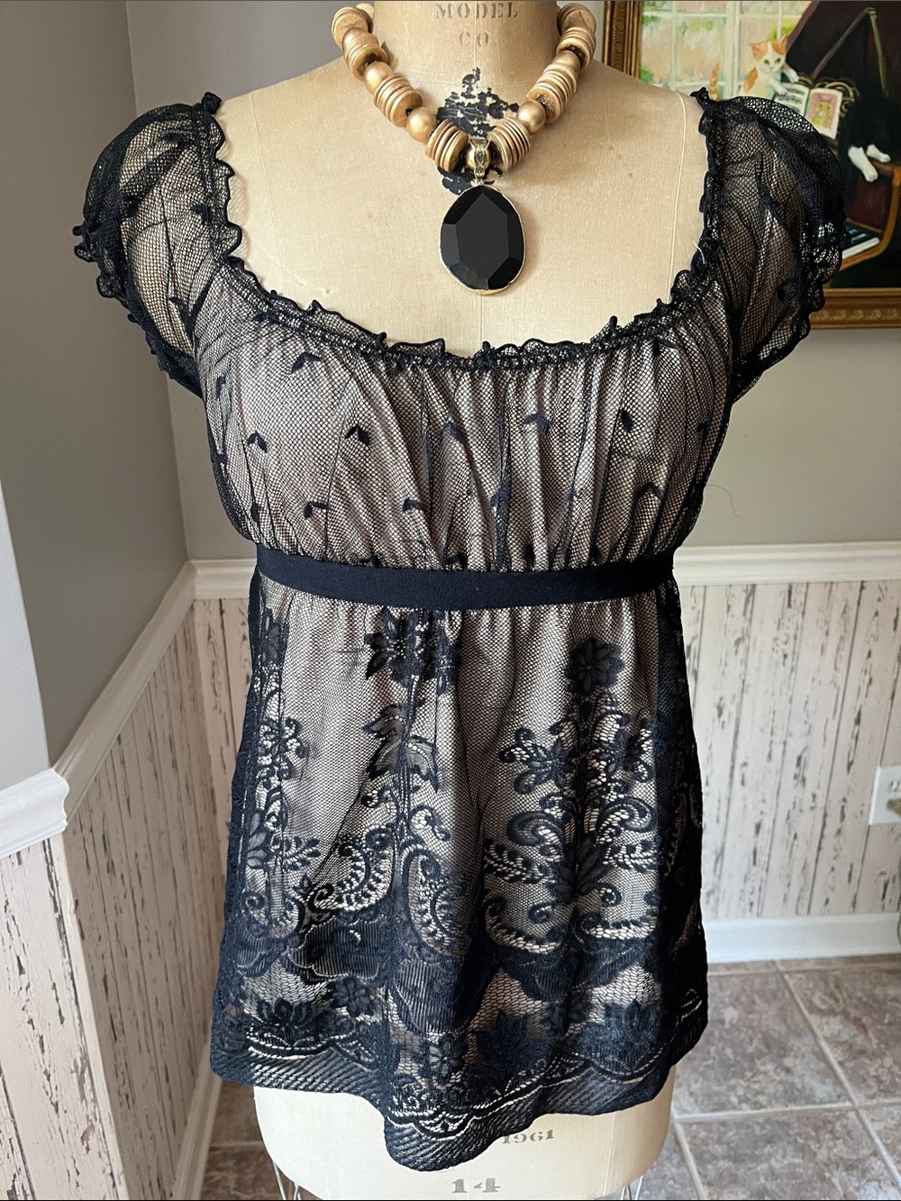 Max Studio Black Sheer Lace Boho Top Gypsy Blouse